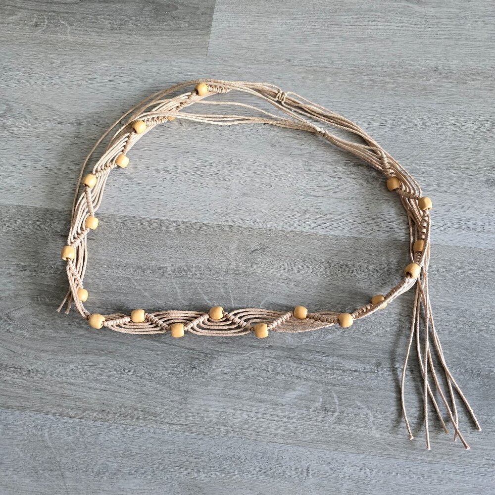 Vintage Macrame Beaded Belt Beige Wood Beads BOHO Hippie Handmade Fringe 34"